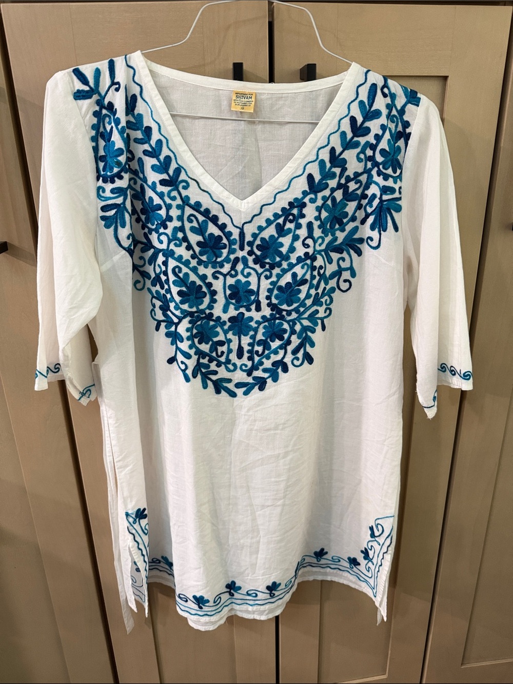Embroidered V-Neck White Tunic with Teal Floral Detail